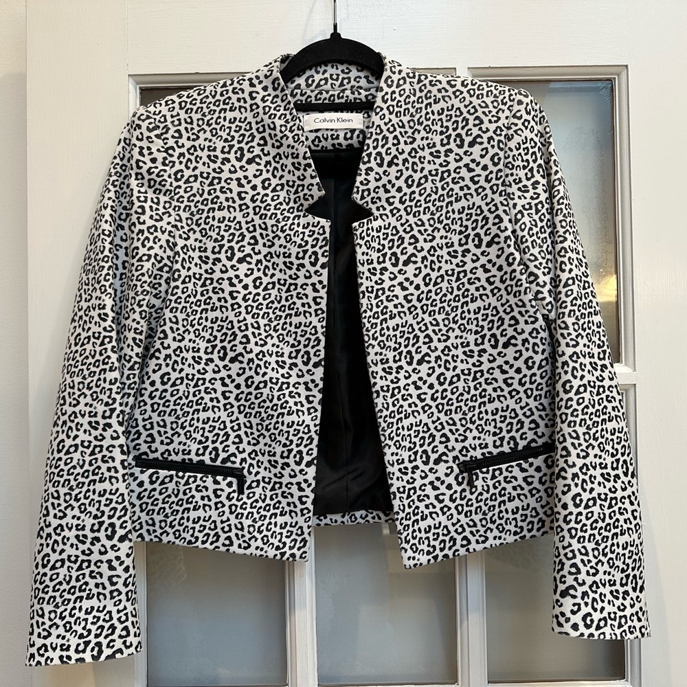 Calvin Klein Black & White Animal Leopard Print Open Front Blazer Jacket Size 2